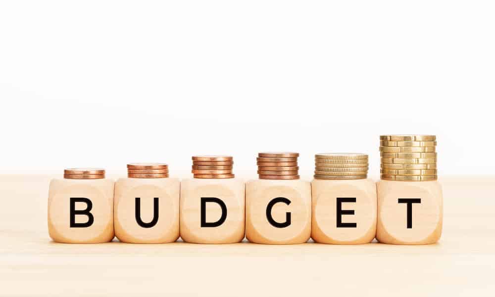 Budget word on wooden blocks and coins on table