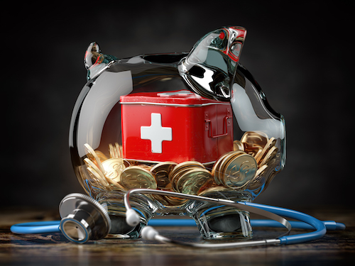 Saving for healthcare and medicine, health insurance concept. Piggy bank with coins, medication and stethoscope. 3d illustration